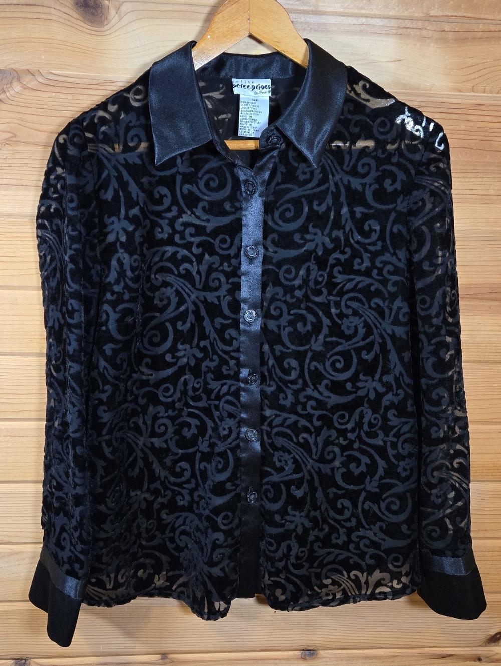 Vintage Velvet Burnout Sheer Blouse Womens 12P Black Satin Goth Fairy Whimsygoth